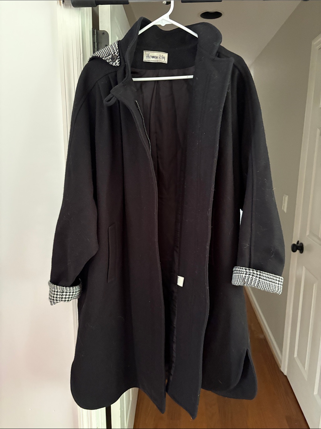 Herman Kay Vintage Black Hooded Coat With Houndstooth Trim